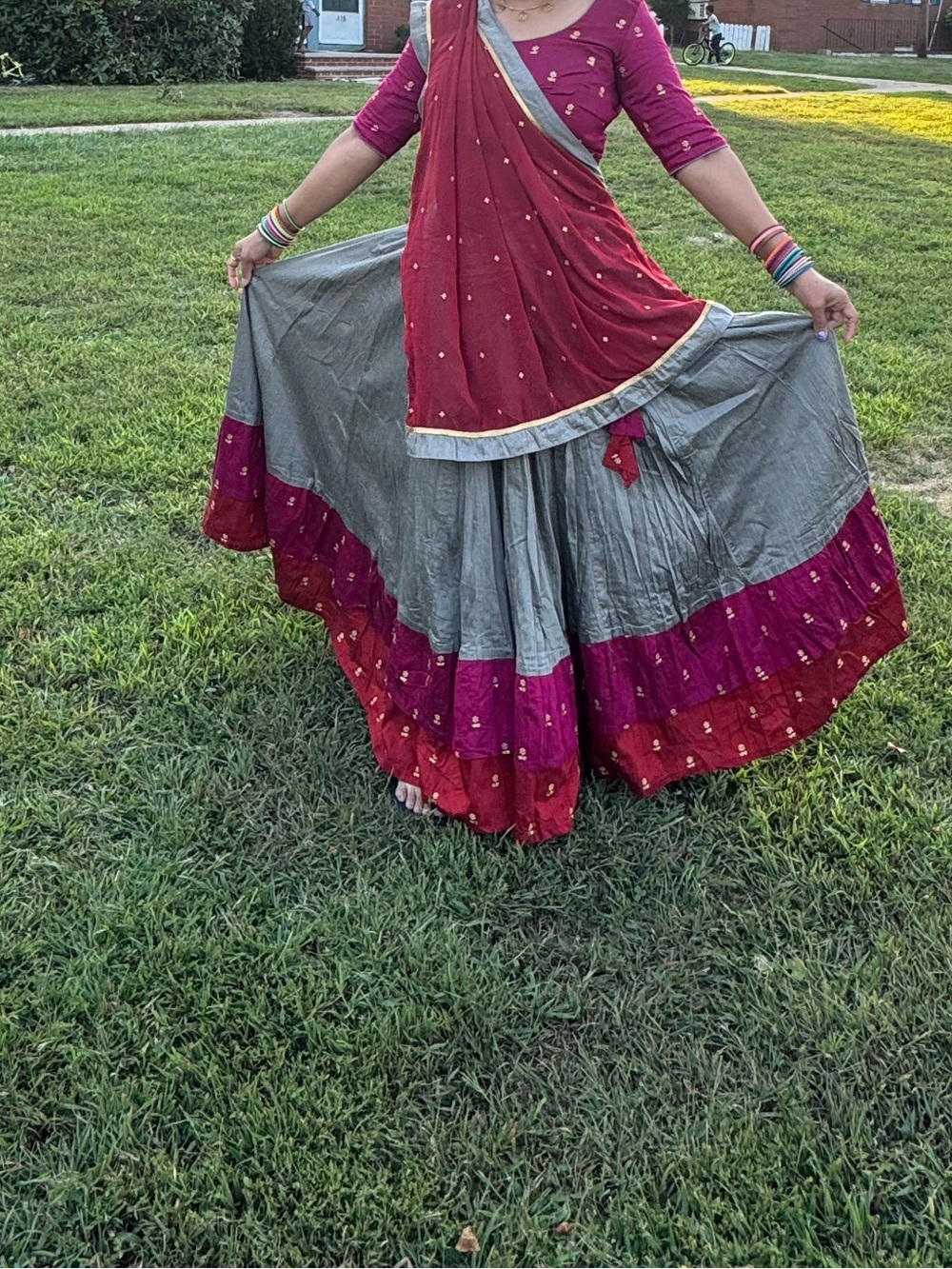 Women’s Red and Gray Flared Skirt - Elegant Ethnic Style